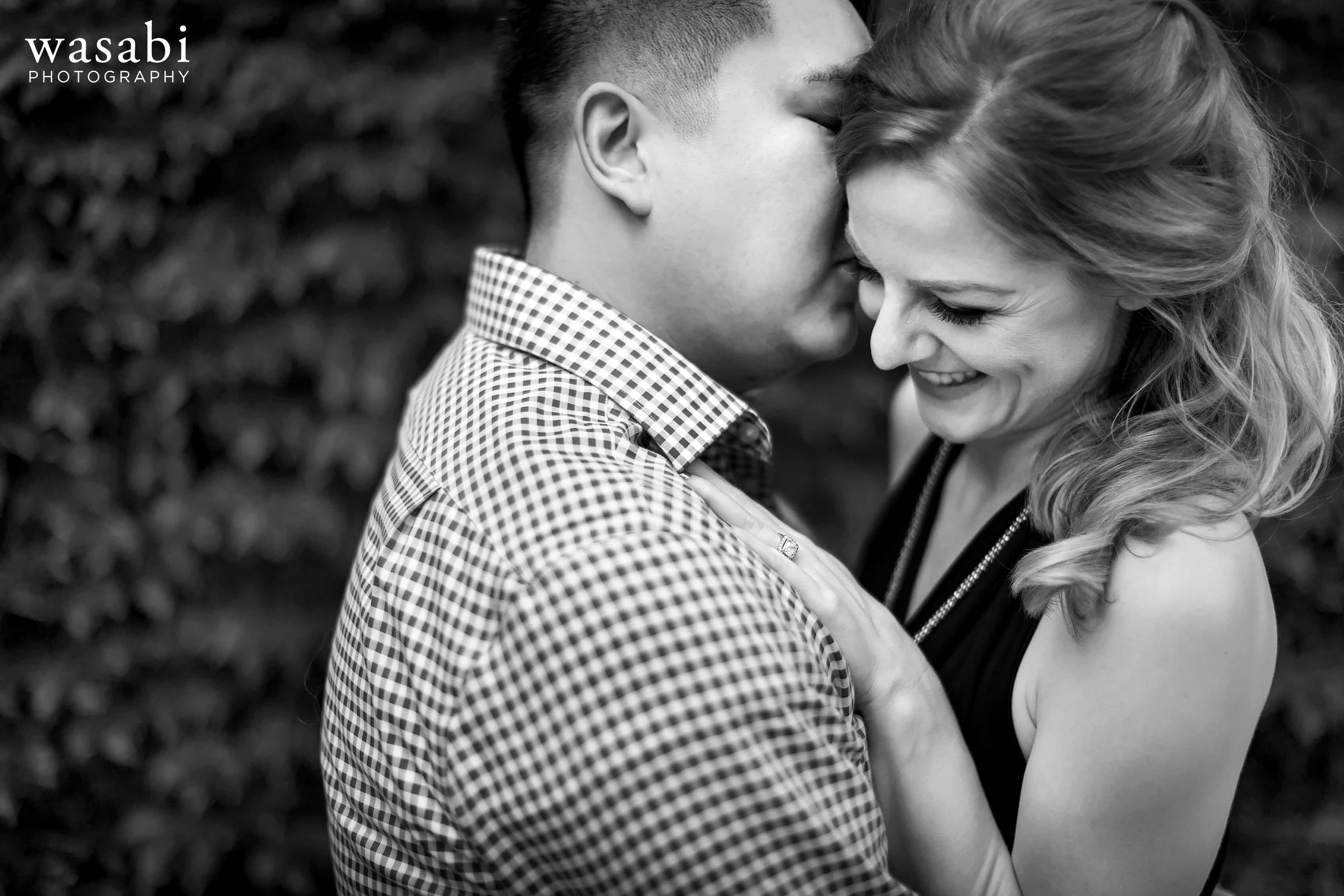 black and white closeup photo of couple during Wicker Park engagement session