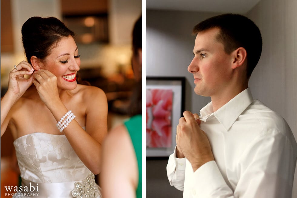 bride putting on earring and groom buttoning shirt