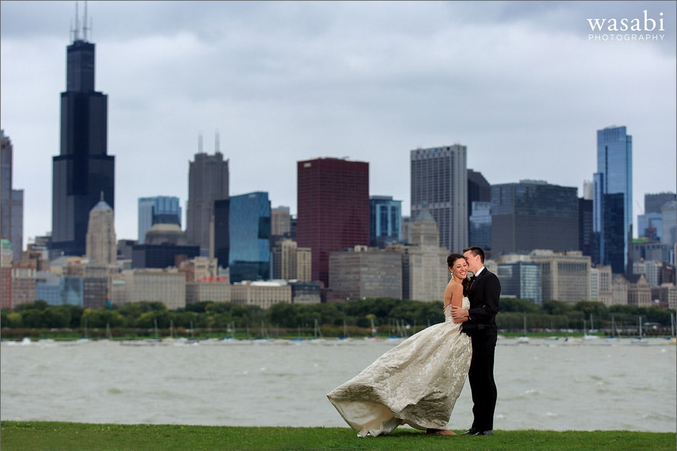 wedding portrait at Adler Planetarium with Chicago skyline background