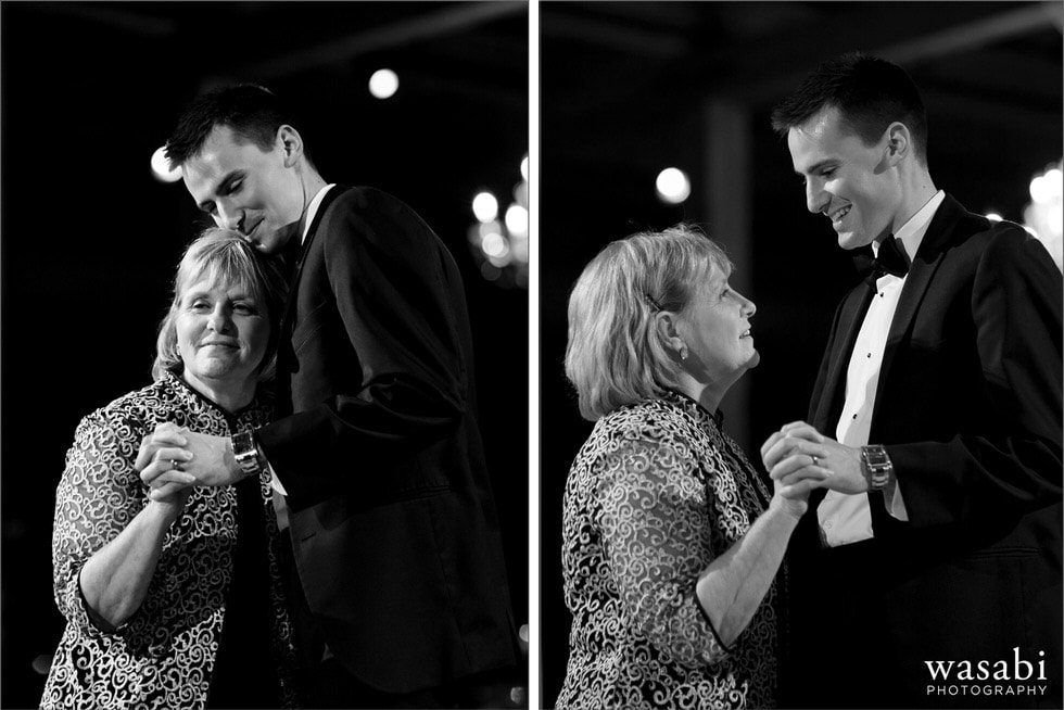 groom dances with mother during wedding reception