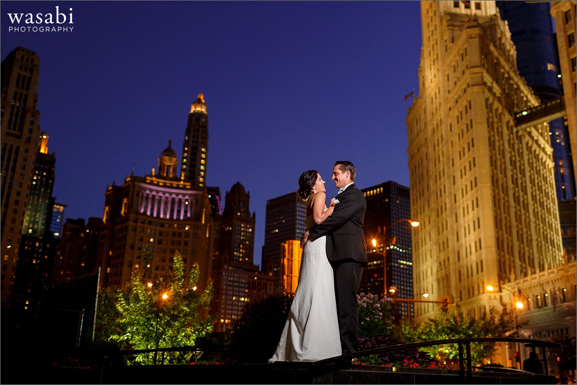 downtown chicago michigan ave night wedding portrait