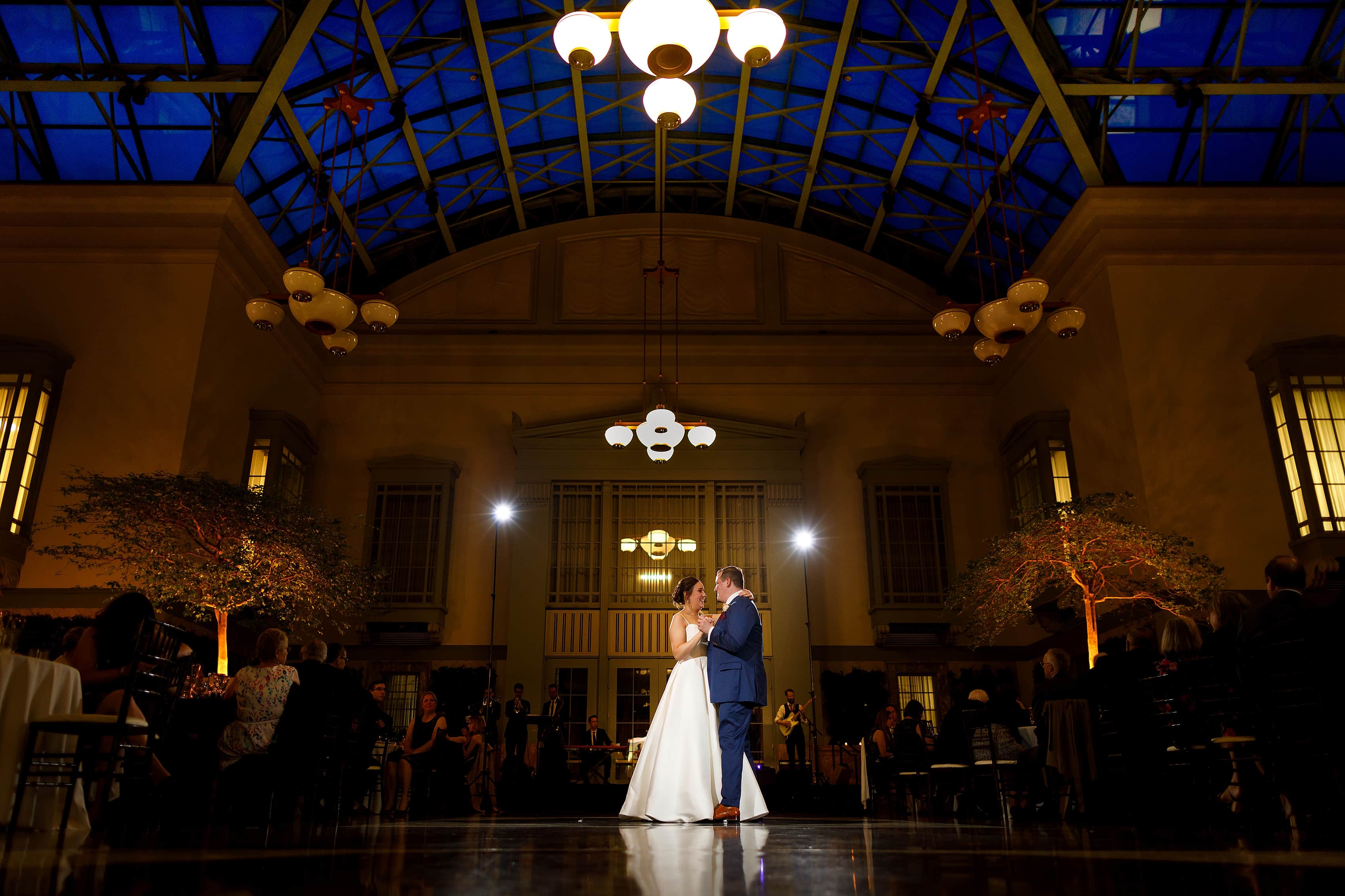 Bride and groom first dance during wedding reception at Harold Washington Library