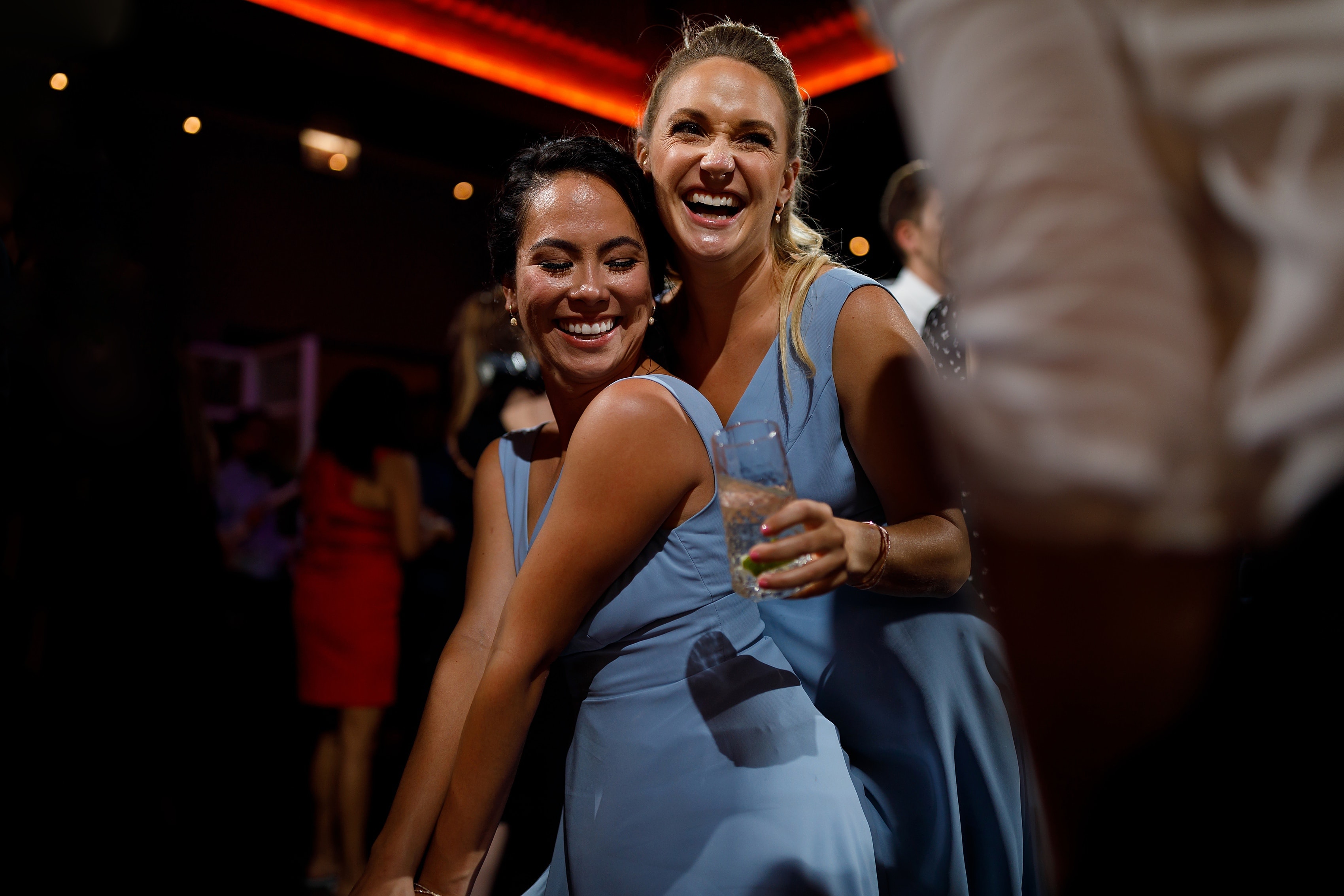 wedding guests dance during wedding reception at Boleo rooftop bar at Kimpton Gray Hotel in downtown Chicago