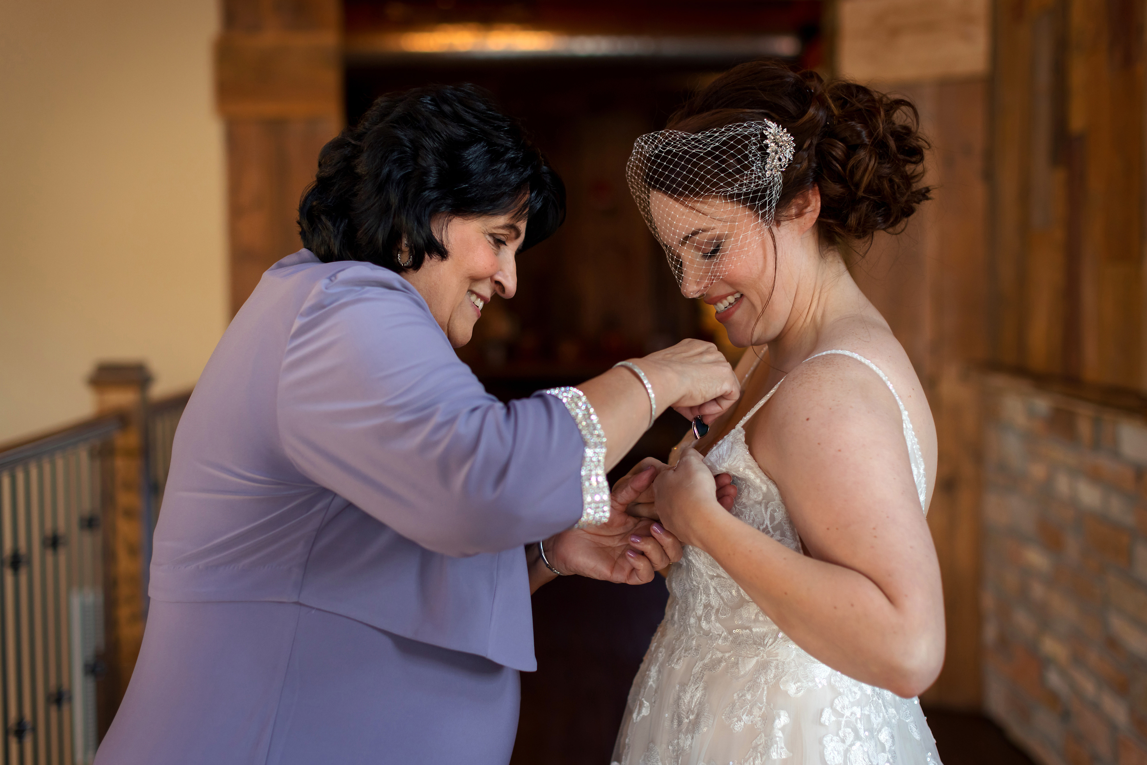 Bride and mother get ready for wedding