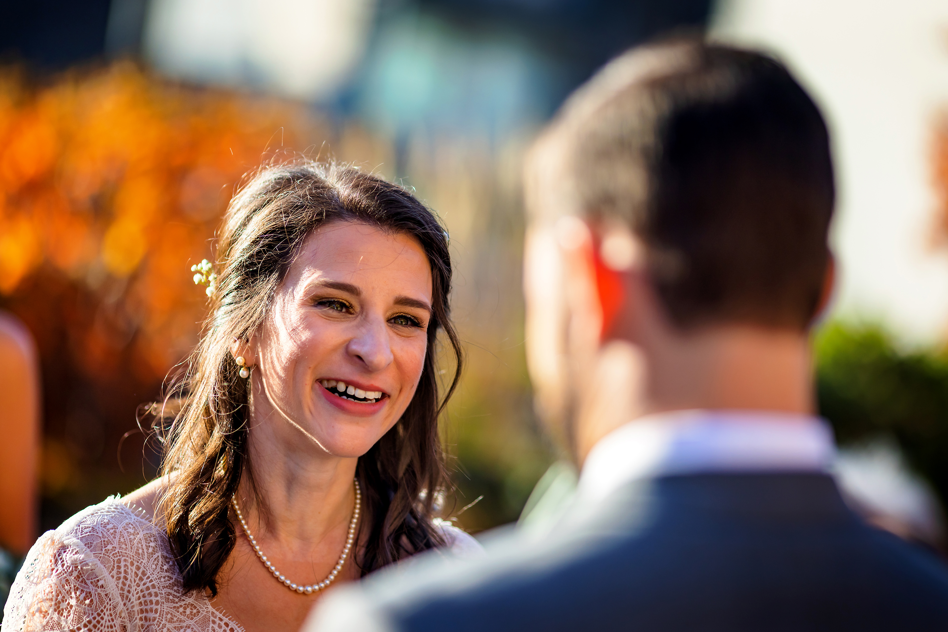 Closeup of bride's face during wedding ceremony at Loft Lucia in Chicago's West Loop neighborhood.