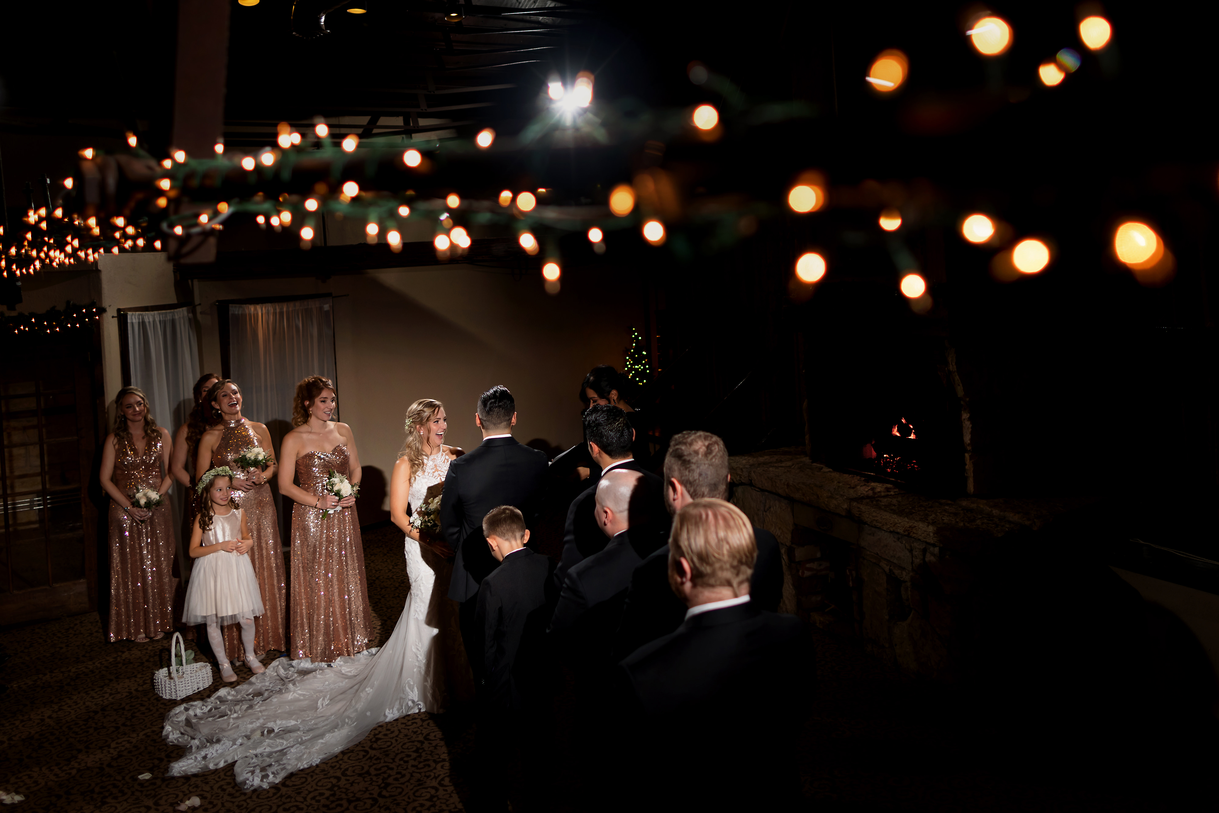 Wide angle view of wedding ceremony at Two Brothers Brewing in Aurora, Illinois