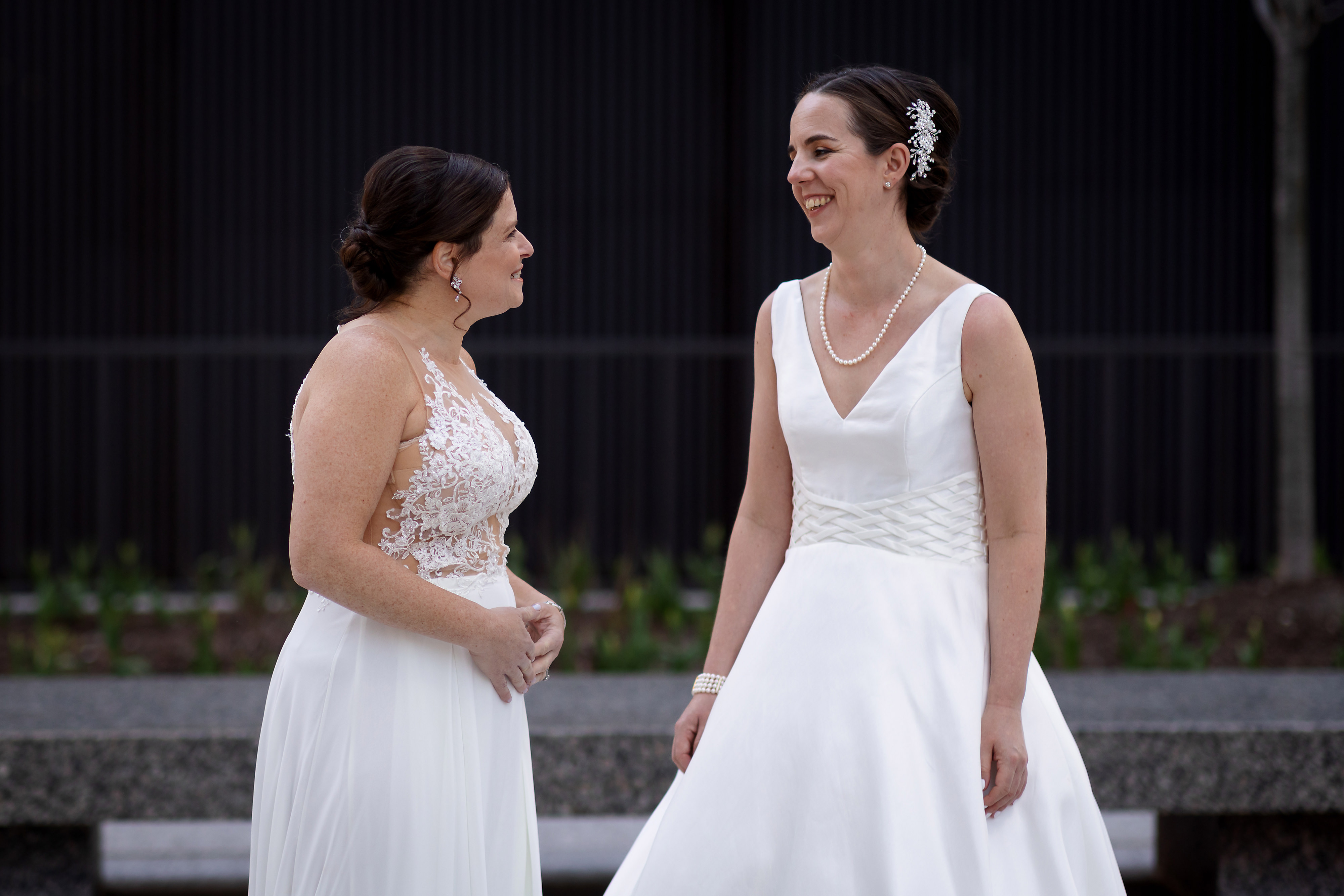 First Look with two brides near The Langham Hotel in downtown Chicago