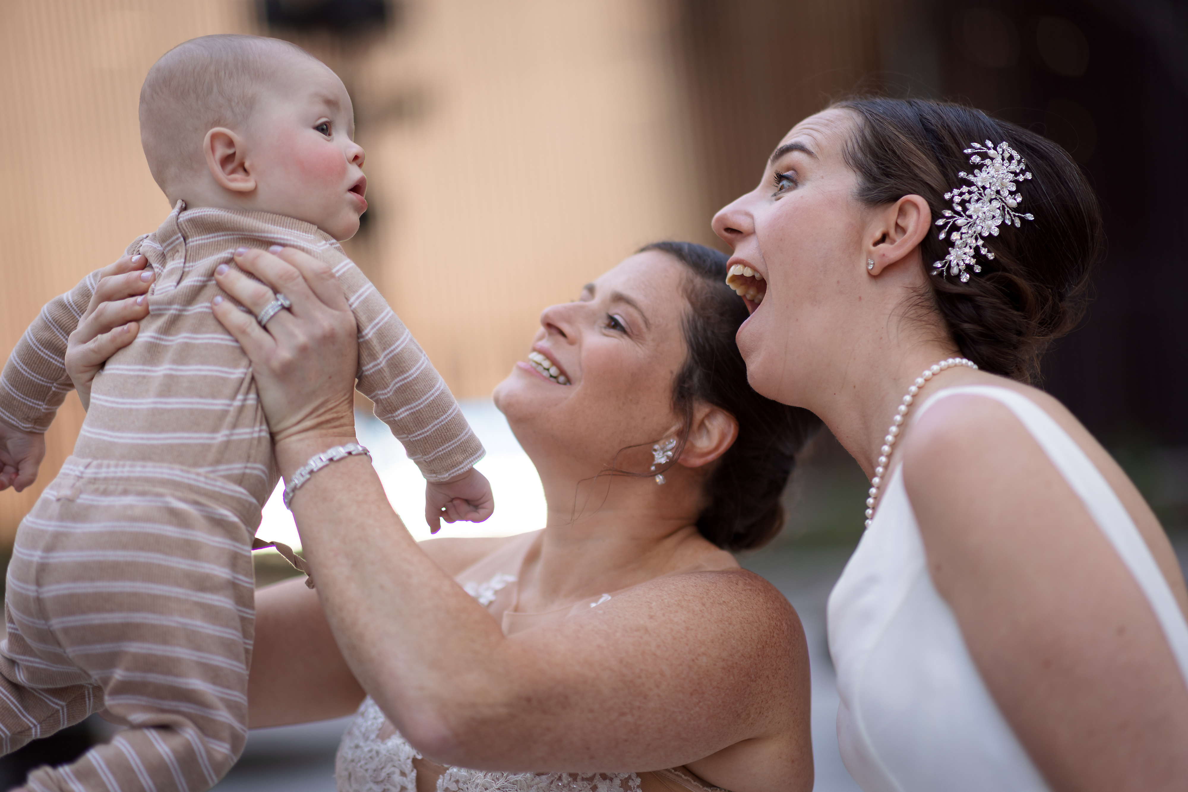 Brides with their son in downtown Chicago