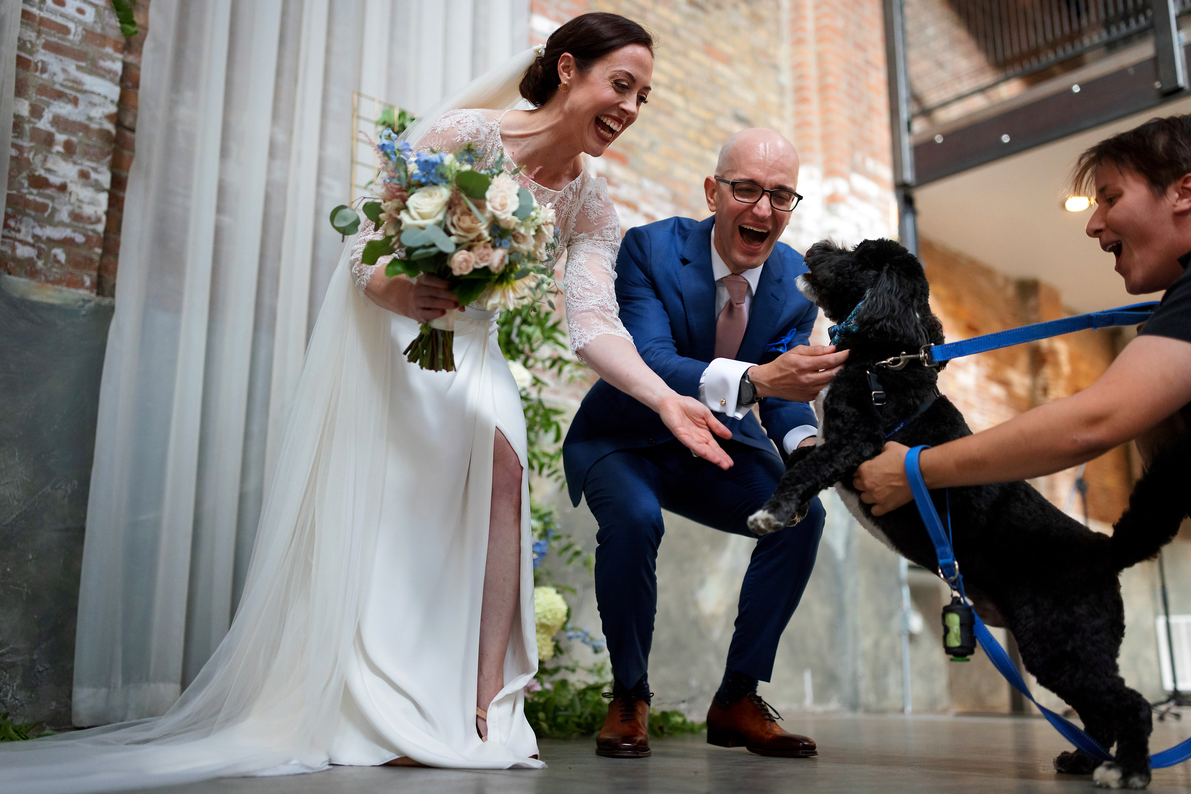 Bride and groom greet their dog during wedding
