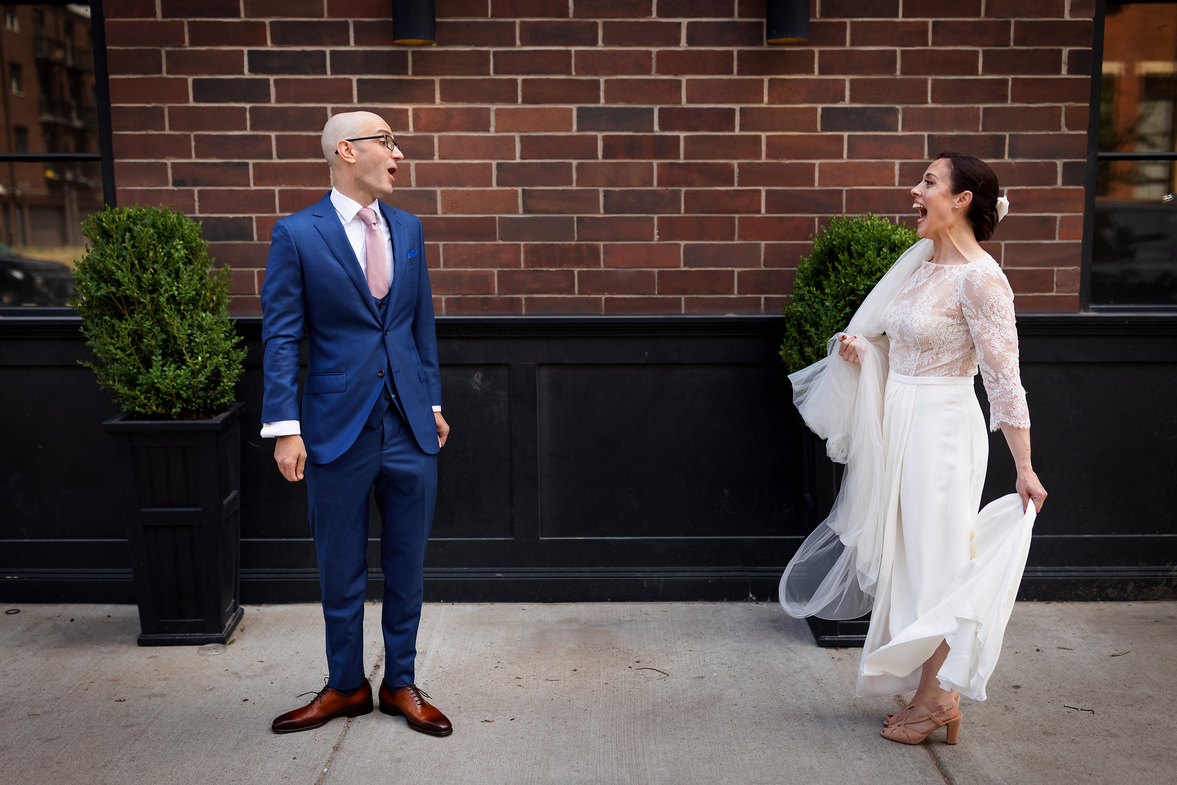 First look of bride and groom in Chicago's West Loop