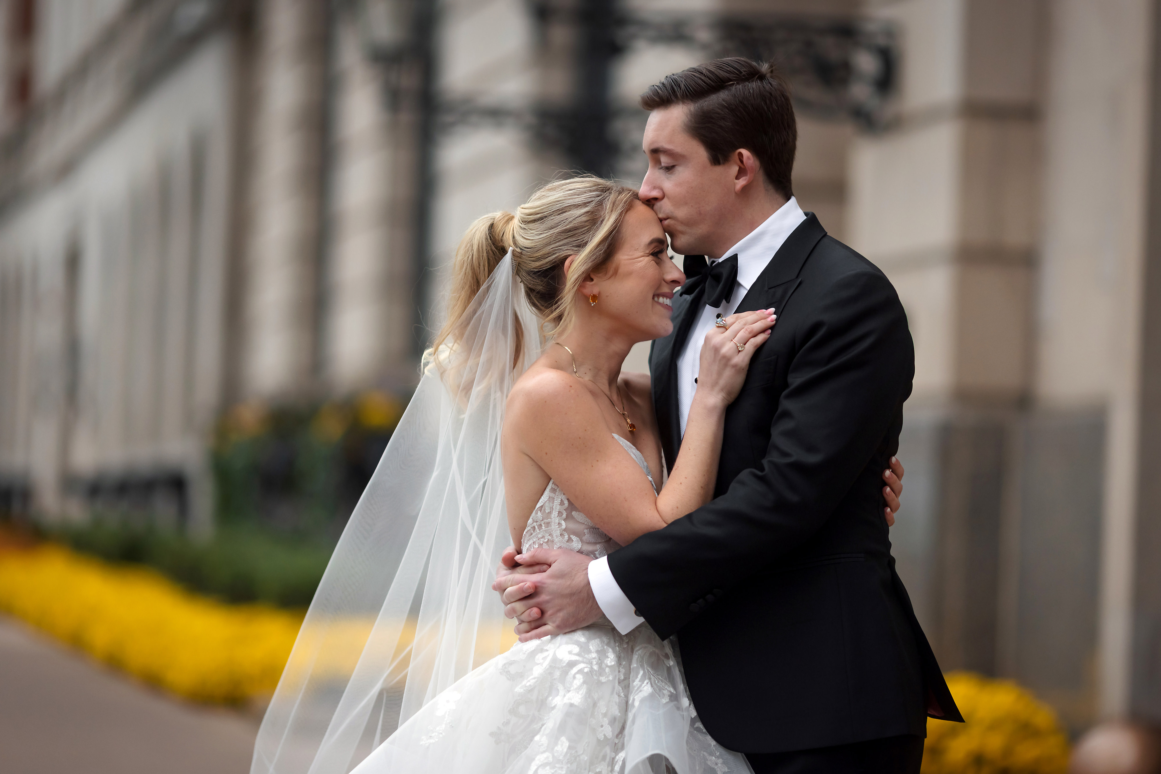 Bride and groom portrait outside of the Drake Hotel in Chicago