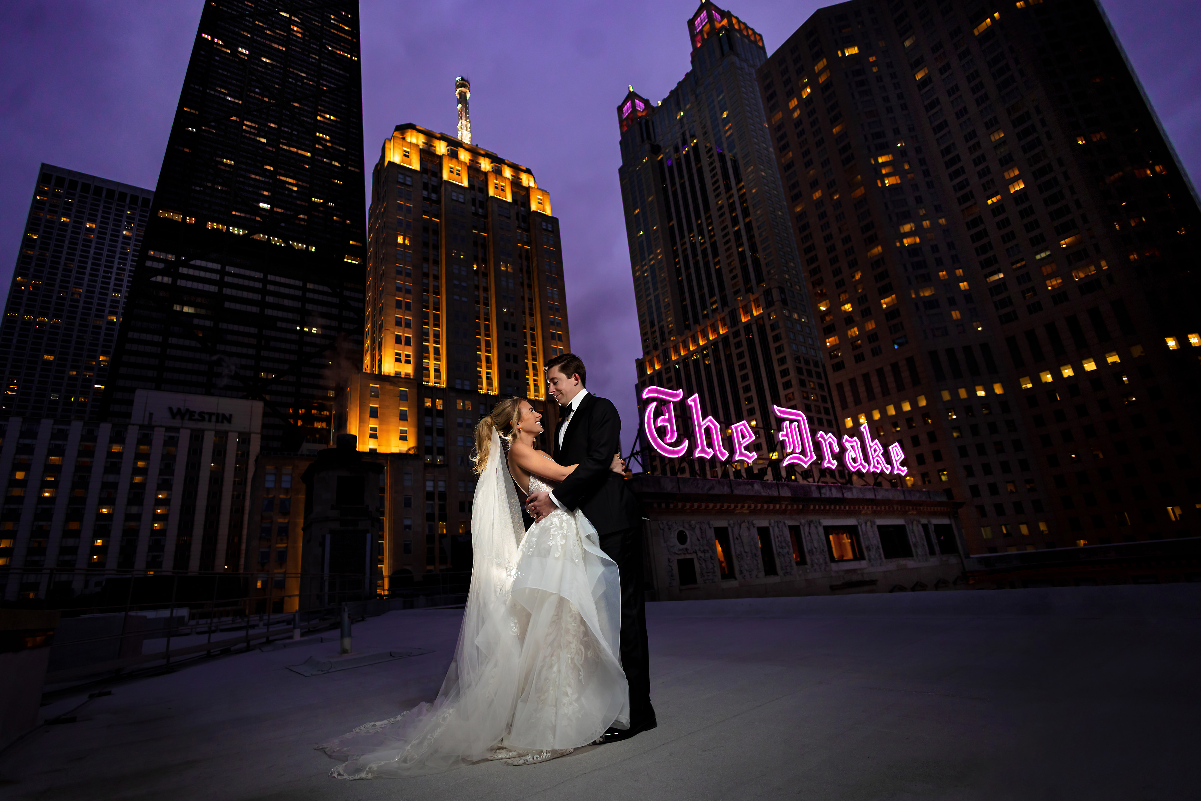 Bride and groom wedding portrait on the roof of the Drake Hotel in Chicago