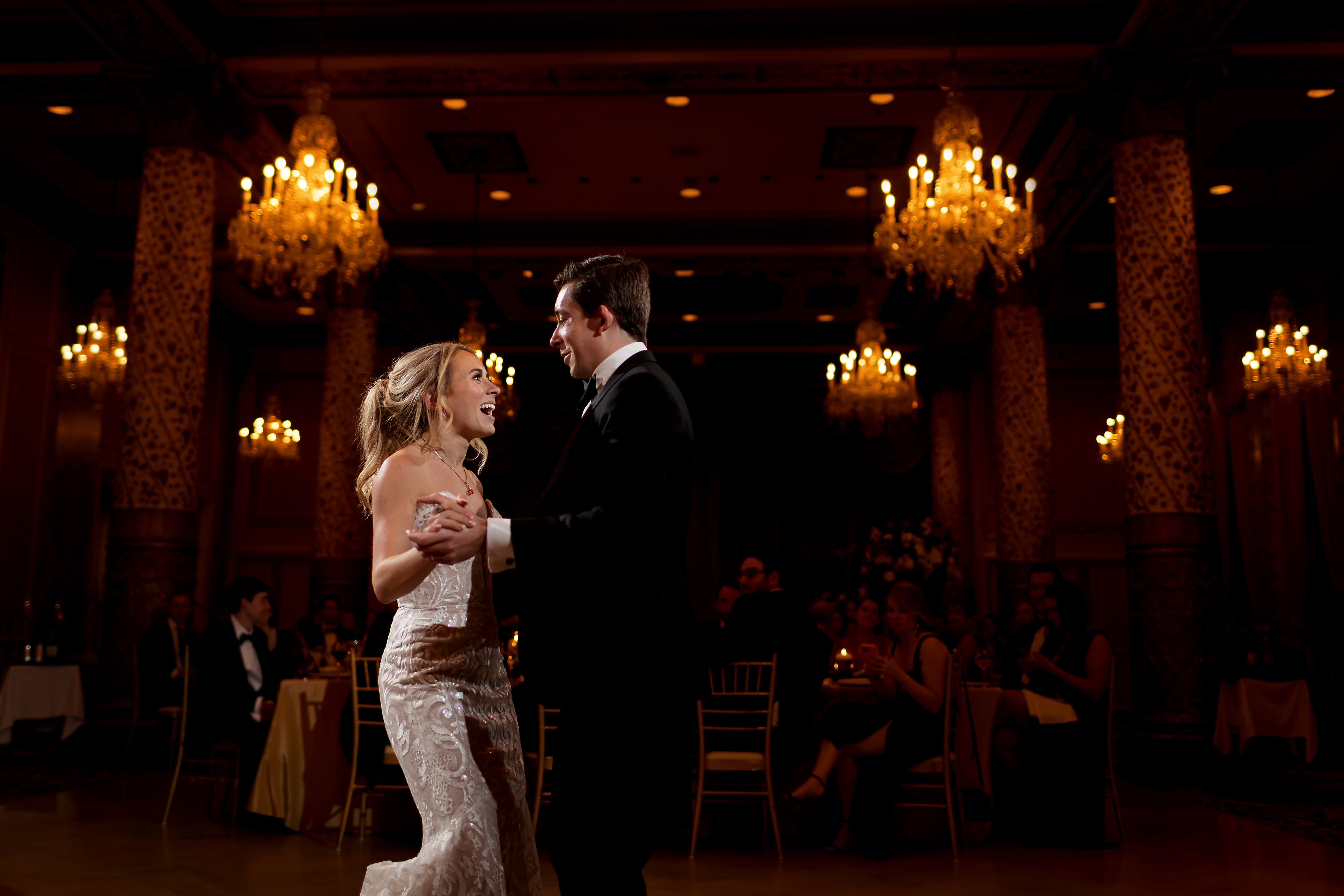 Bride and groom have their first dance during wedding reception in the Grand Ballroom at The Drake Hotel in Chicago