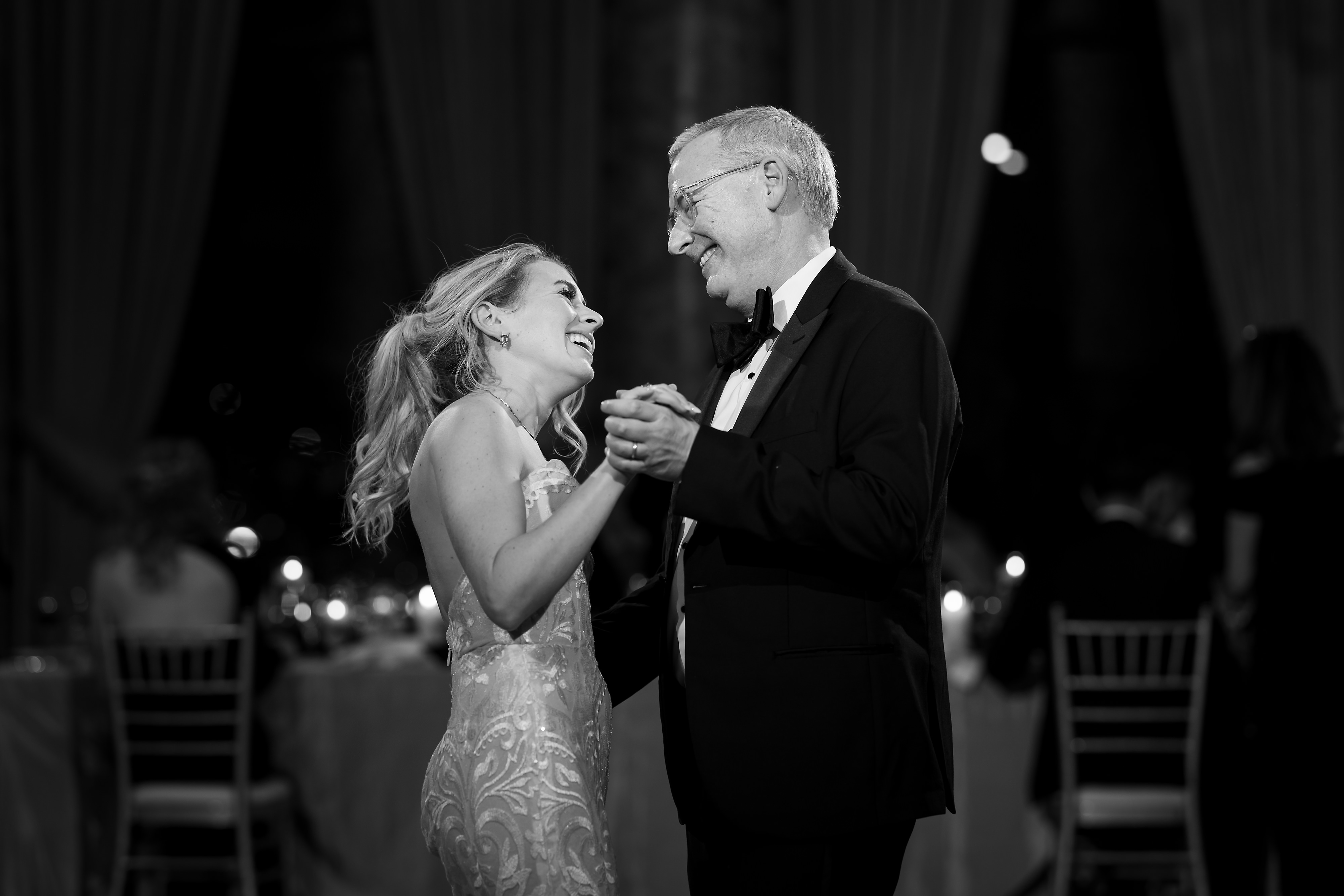 Bride and father share first dance during wedding reception in the Grand Ballroom at The Drake Hotel in Chicago