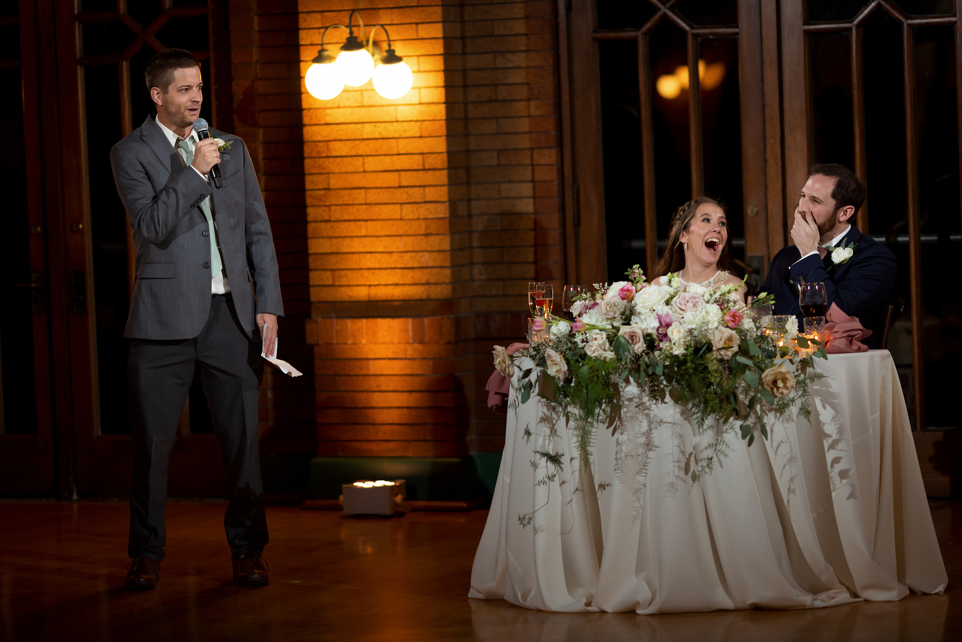 best man toast during wedding reception at Cafe Brauer in Chicago's Lincoln Park neighborhood