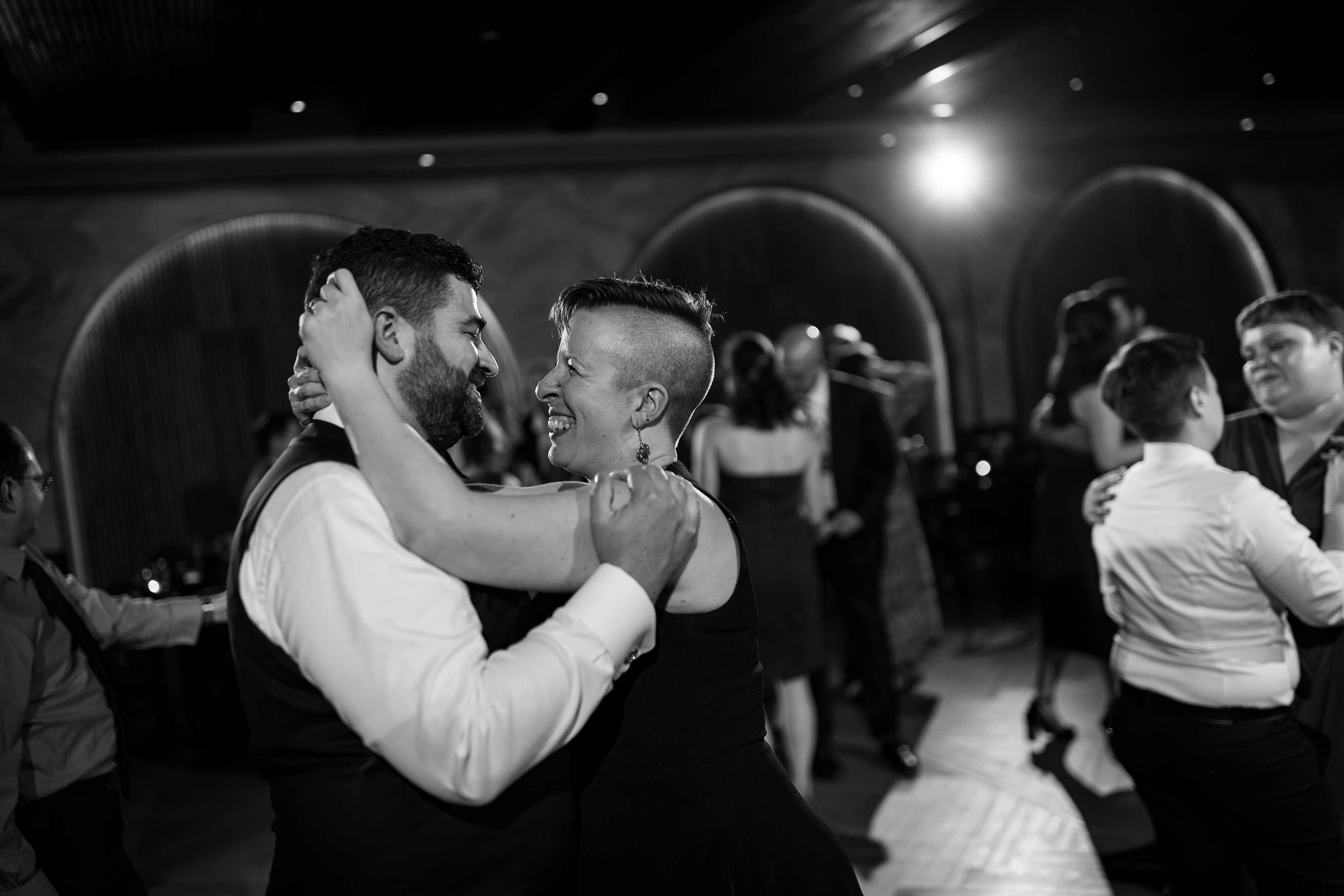 wedding guests dance during reception at Chicago Winery
