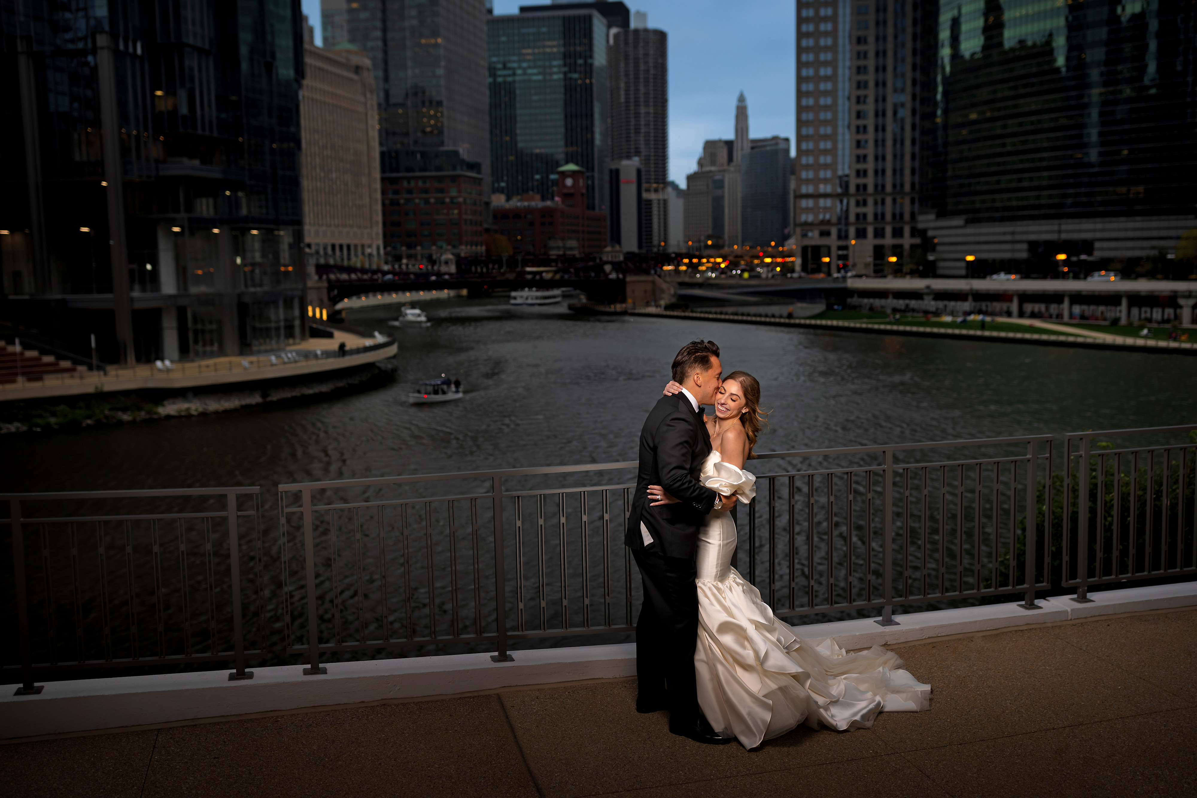 Portrait of Bride and Groom near Gibson's Italia with Chicago Riverwalk in the background